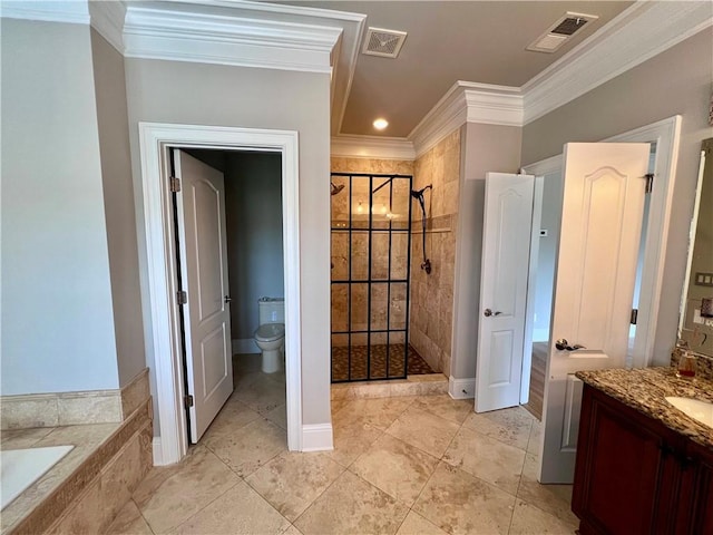 full bathroom with crown molding, vanity, toilet, and shower with separate bathtub