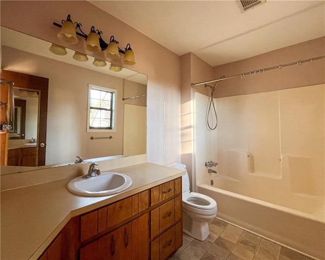 full bathroom with toilet, shower / bath combination, vanity, and visible vents