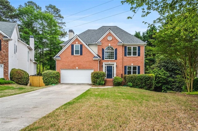 7035 Hampton Bluff Way, Roswell, GA 30075 - view of front of house with brick siding, a garage, driveway, a front lawn, and roof with shingles