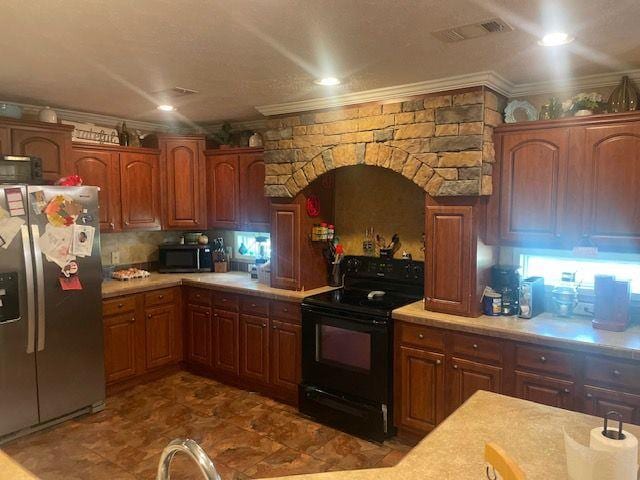 1167 Underwood Rd, Sparta, GA 31087 - kitchen featuring black appliances, light countertops, crown molding, recessed lighting, and backsplash