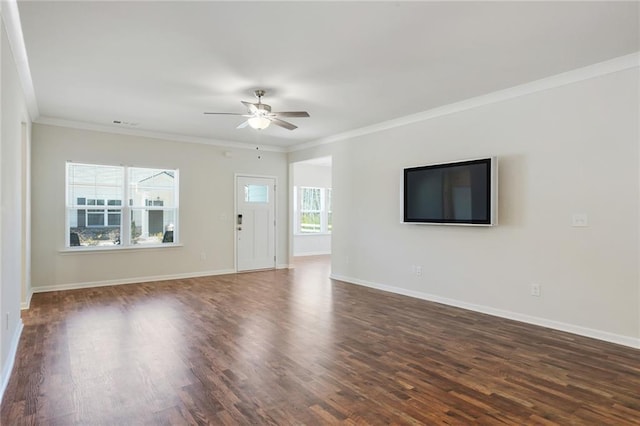 unfurnished living room with dark wood-style floors, baseboards, a ceiling fan, and crown molding