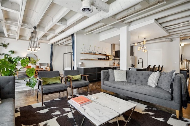 living room featuring dark wood-type flooring