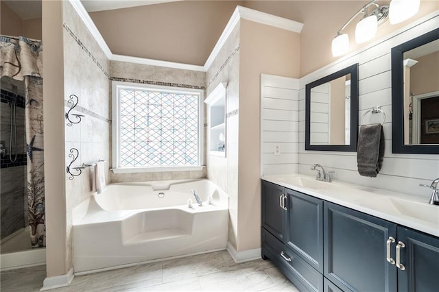 bathroom with vanity, separate shower and tub, and ornamental molding