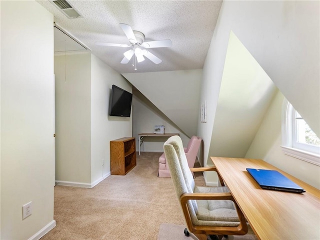 5020 Bayberry Dr, Cumming, GA 30040 - home office featuring attic access, carpet floors, a ceiling fan, a textured ceiling, and lofted ceiling