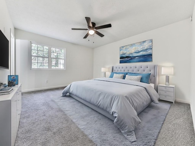 bedroom with light colored carpet and ceiling fan