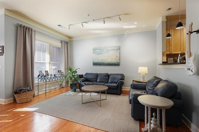 living room featuring track lighting, ornamental molding, and wood-type flooring