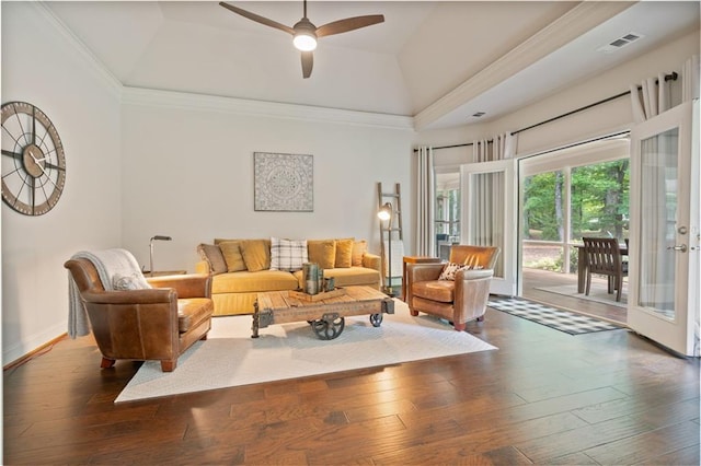 410 Longwood Ln, Alpharetta, GA 30004 - living area featuring a ceiling fan, hardwood / wood-style floors, a raised ceiling, baseboards, and crown molding