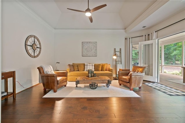 410 Longwood Ln, Alpharetta, GA 30004 - living room with dark wood finished floors, ceiling fan, a raised ceiling, vaulted ceiling, and crown molding