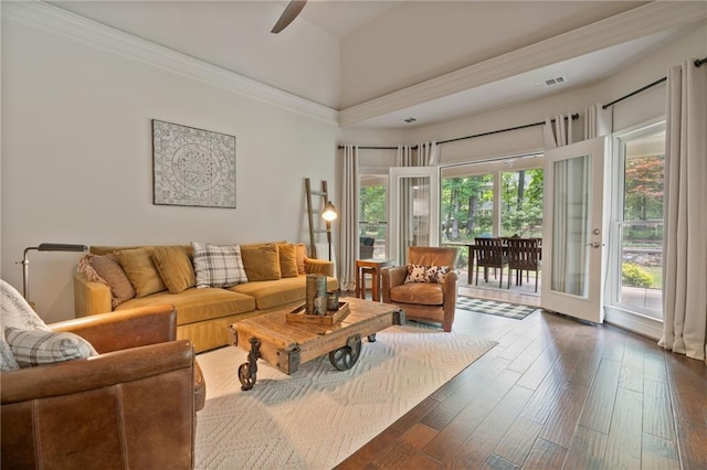 410 Longwood Ln, Alpharetta, GA 30004 - living room featuring a ceiling fan, dark wood-style flooring, ornamental molding, and a high ceiling