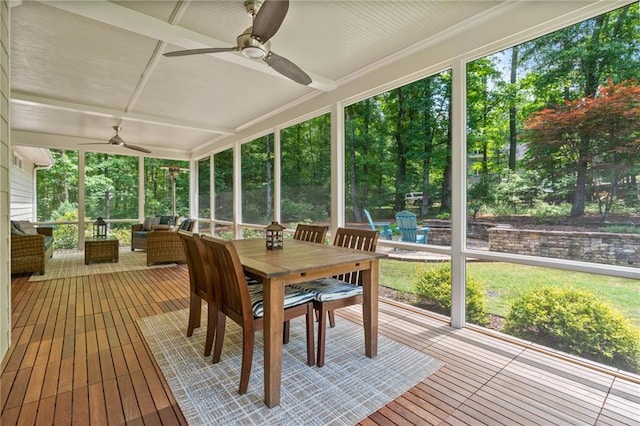 410 Longwood Ln, Alpharetta, GA 30004 - sunroom featuring a ceiling fan, an outdoor living space, and outdoor dining area