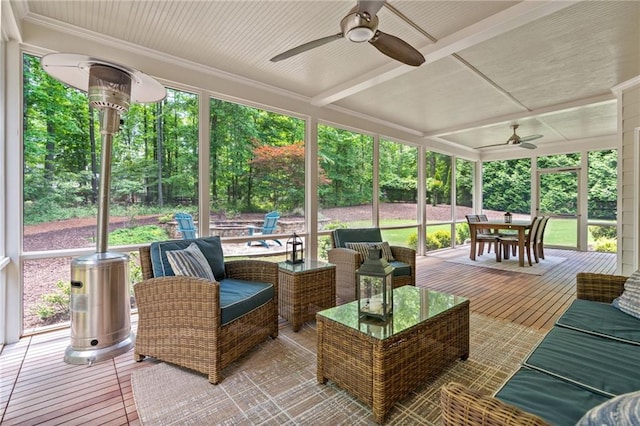 410 Longwood Ln, Alpharetta, GA 30004 - sunroom featuring ceiling fan, outdoor dining area, outdoor lounge area, and view of scattered trees