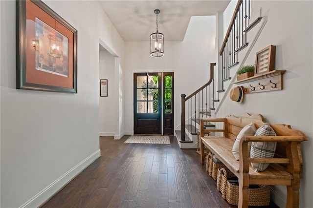 410 Longwood Ln, Alpharetta, GA 30004 - entryway with baseboards, dark wood-style flooring, stairway, and a chandelier