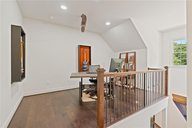 410 Longwood Ln, Alpharetta, GA 30004 - office area featuring wood finished floors, lofted ceiling, baseboards, and recessed lighting