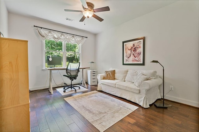 410 Longwood Ln, Alpharetta, GA 30004 - home office featuring a ceiling fan, dark wood-type flooring, and baseboards