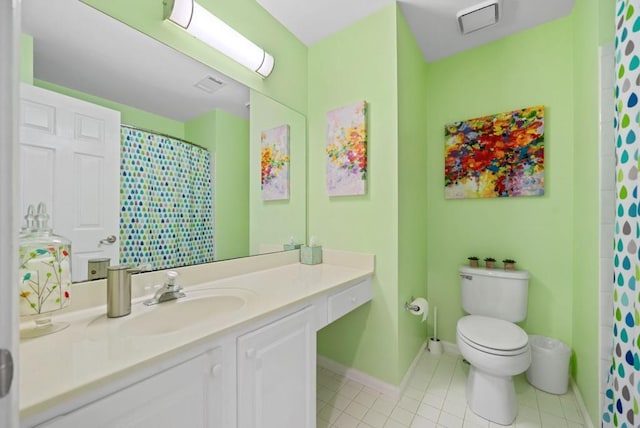 full bathroom featuring vanity, visible vents, baseboards, tile patterned floors, and toilet