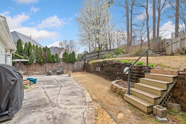 view of yard featuring a fenced backyard, outdoor dining space, and a patio