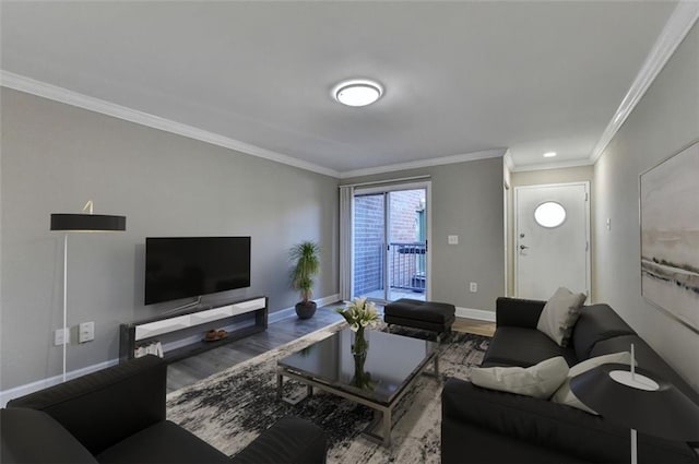 living room with crown molding and wood-type flooring