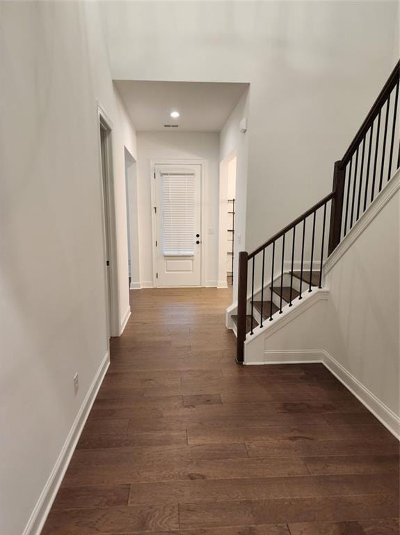 2949 Longbush, Duluth, GA 30097 - entryway featuring stairs, dark wood-type flooring, baseboards, and recessed lighting