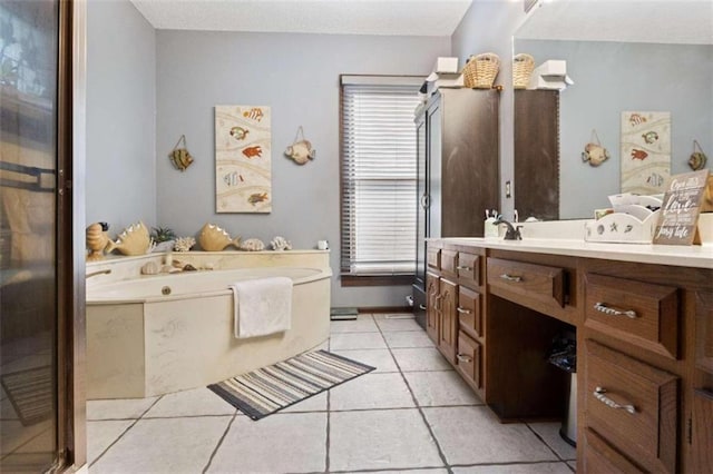 bathroom featuring vanity, plus walk in shower, and tile patterned floors