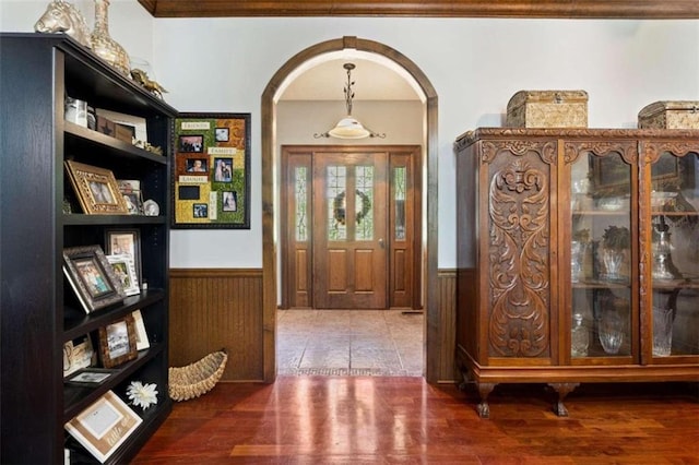 foyer entrance featuring wooden walls and dark wood-type flooring