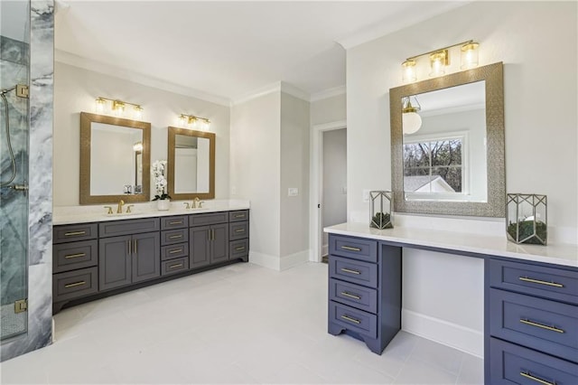 full bathroom featuring a sink, a stall shower, crown molding, and double vanity