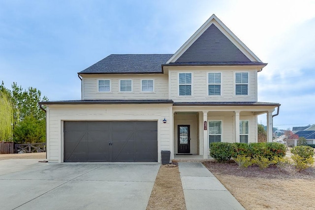 view of front of home featuring covered porch, driveway, and a garage