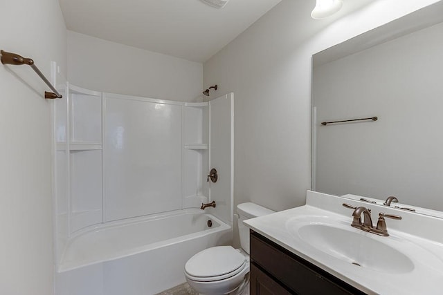 full bathroom featuring vanity, bathing tub / shower combination, and toilet