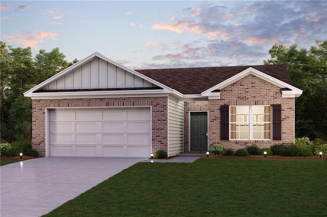 112 Flag Way, Chatsworth, GA 30705 - ranch-style home featuring brick siding, driveway, a yard, a garage, and board and batten siding