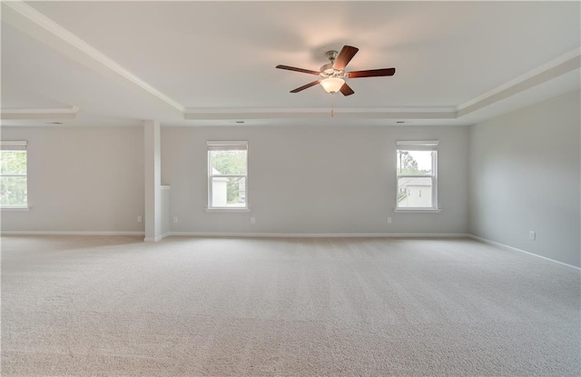 carpeted empty room featuring plenty of natural light, ceiling fan, and a raised ceiling