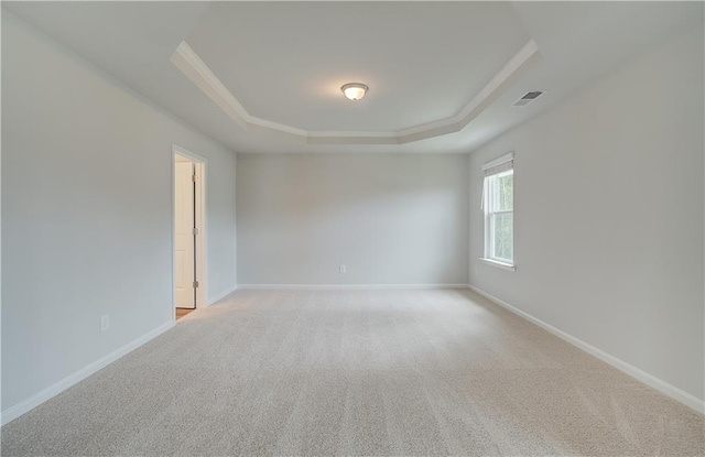 empty room with a raised ceiling and carpet flooring