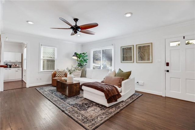 living room featuring ceiling fan, ornamental molding, plenty of natural light, and dark hardwood / wood-style floors