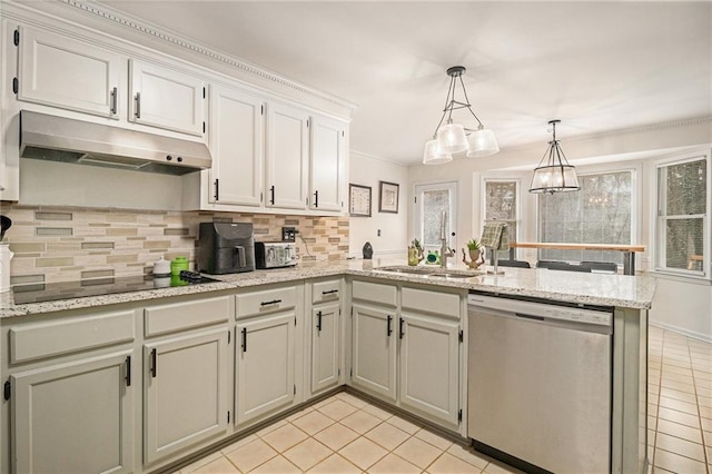 kitchen with a peninsula, black electric stovetop, stainless steel dishwasher, under cabinet range hood, and a sink