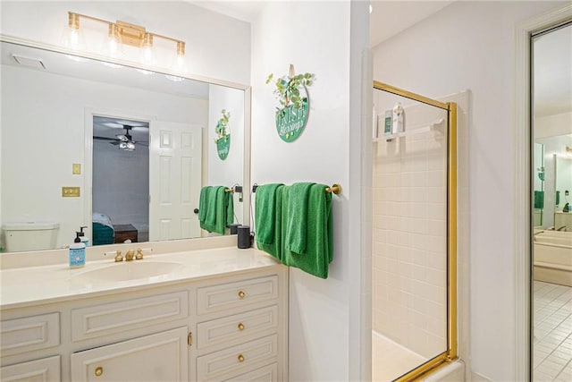 ensuite bathroom with a shower stall, ensuite bath, and vanity