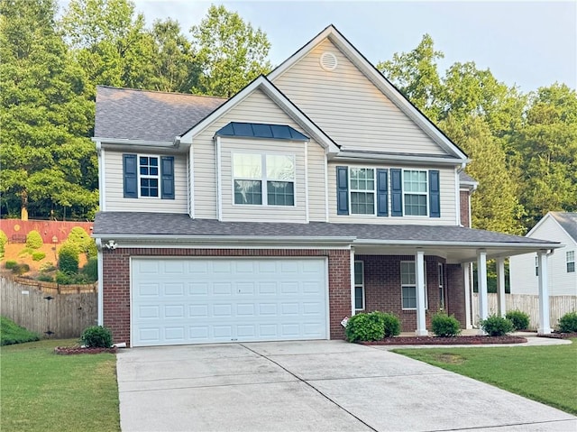 5421 Skylar Creek Ln, Buford, GA 30518 - view of front of house with an attached garage, brick siding, concrete driveway, a porch, and a shingled roof