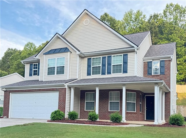 5421 Skylar Creek Ln, Buford, GA 30518 - view of front of home with brick siding, concrete driveway, a porch, and an attached garage