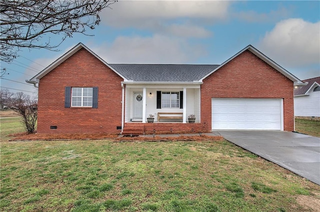 ranch-style house featuring crawl space, brick siding, an attached garage, and concrete driveway