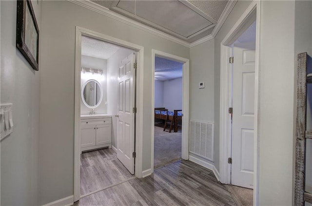 hall featuring light wood finished floors, attic access, visible vents, ornamental molding, and a sink