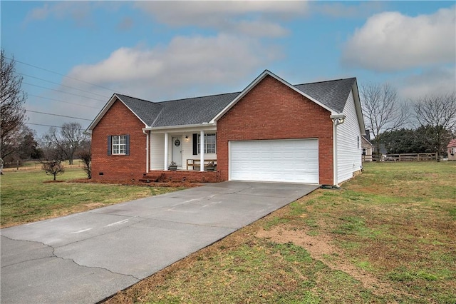 ranch-style house featuring crawl space, an attached garage, a front lawn, and brick siding