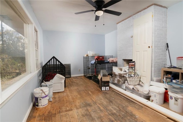 interior space featuring wood-type flooring, baseboards, ceiling fan, and a wealth of natural light