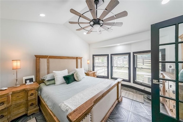 bedroom featuring recessed lighting, a ceiling fan, and high vaulted ceiling