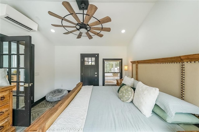 bedroom featuring recessed lighting, a wall mounted AC, and vaulted ceiling