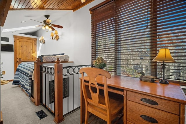 home office with vaulted ceiling, recessed lighting, light colored carpet, and ceiling fan