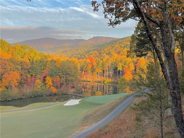 view of property's community featuring view of golf course, a mountain view, and a forest view