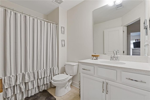 bathroom featuring a shower with curtain, tile patterned floors, toilet, and vanity