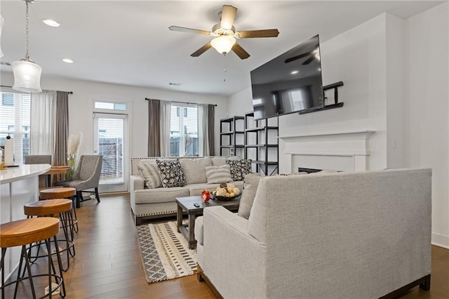 living room with ceiling fan and dark hardwood / wood-style flooring