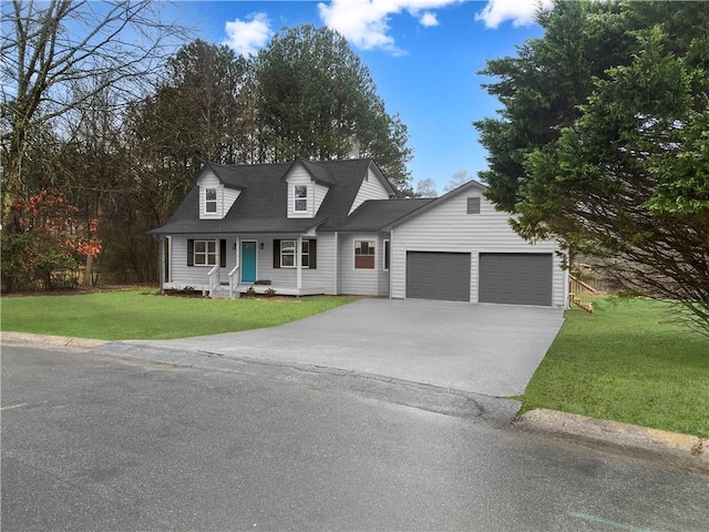 cape cod house with an attached garage, driveway, and a front lawn