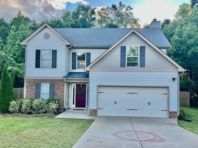 37 Frost Ln, Dawsonville, GA 30534 - traditional-style house featuring stone siding, driveway, a chimney, and board and batten siding