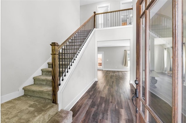 foyer featuring a towering ceiling and dark hardwood / wood-style floors