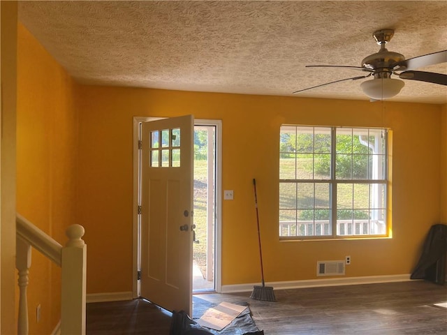 foyer featuring dark hardwood / wood-style flooring, plenty of natural light, ceiling fan, and a textured ceiling