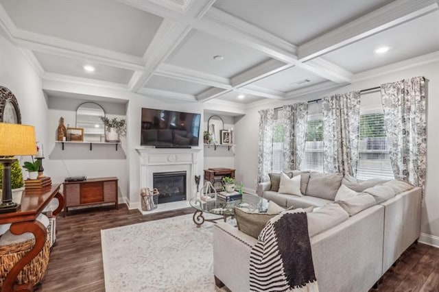 living room featuring coffered ceiling, dark hardwood / wood-style flooring, and beam ceiling